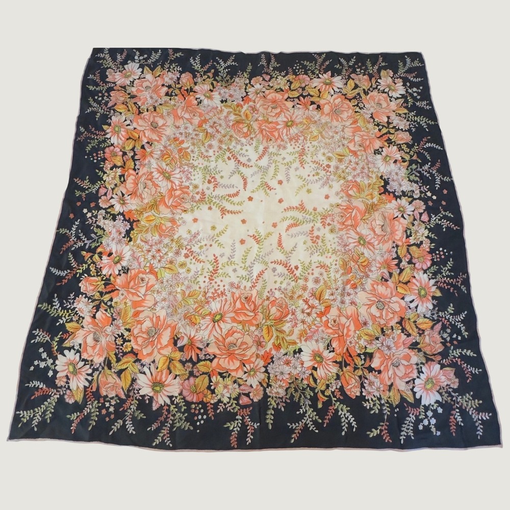 Vintage Floral Scarf Orange Black Garden Print Retro 32x34 Large Square Wrap